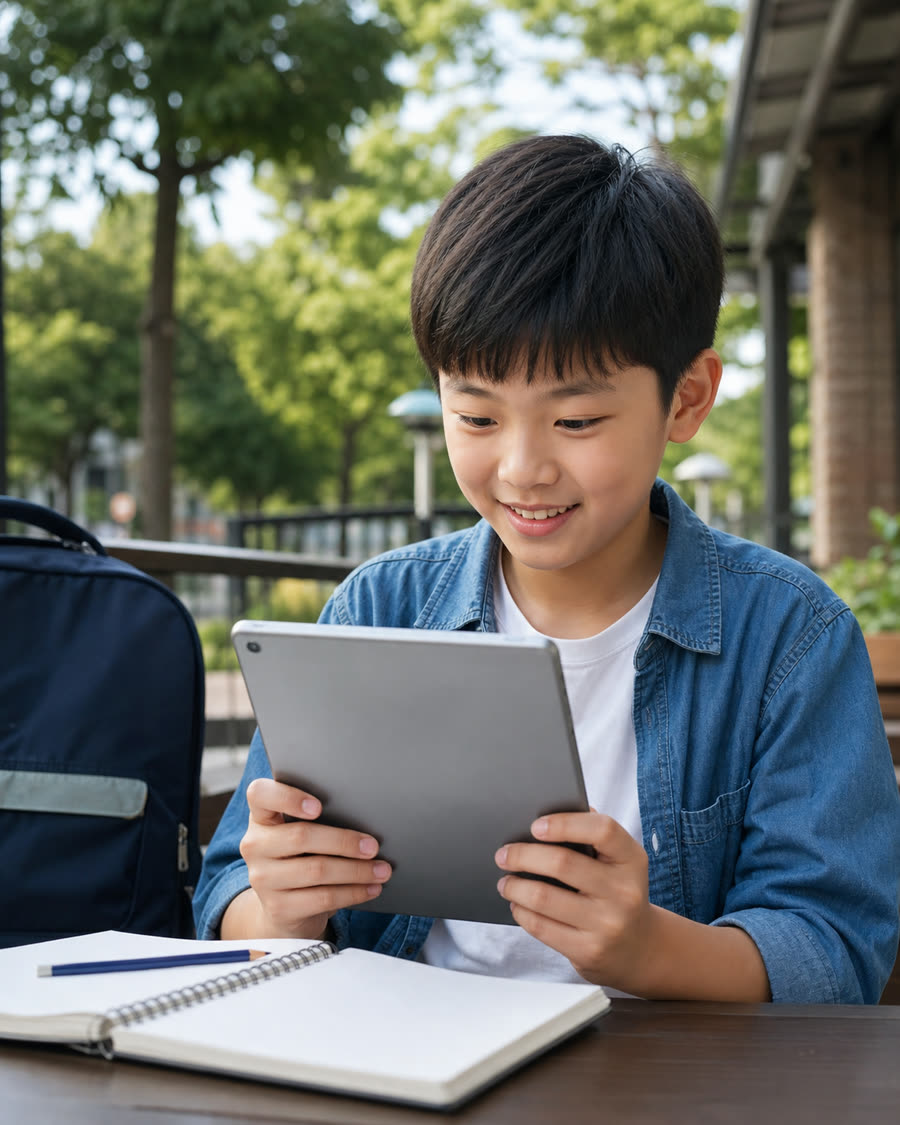 孩子在戶外旅途中使用類似 iPad 的平板學習,螢幕沒有朝向鏡頭