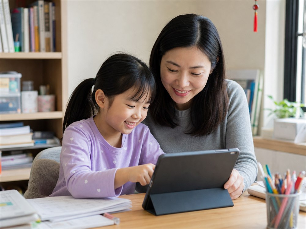 媽媽陪女兒在書桌旁使用學習平板