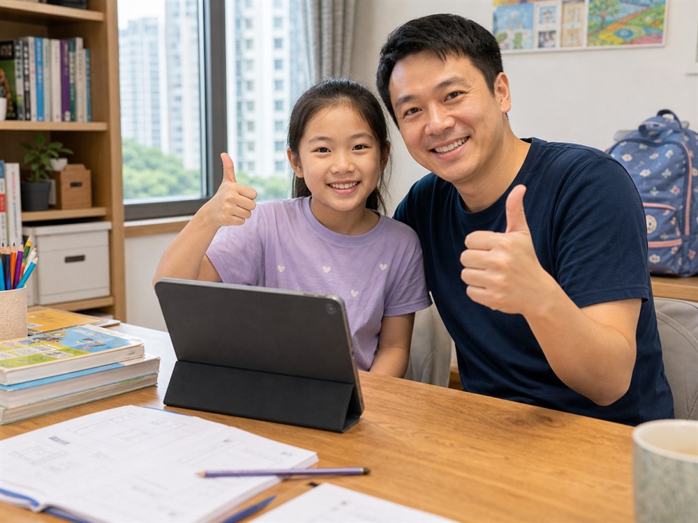 父親和女兒完成練習後給予鼓勵